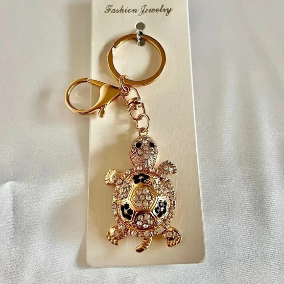 Fashion Jewelry Accessories - Turtle Key Chain Or Bag Charm Black/White Crystal Rhinestone Gold Tone Hardware